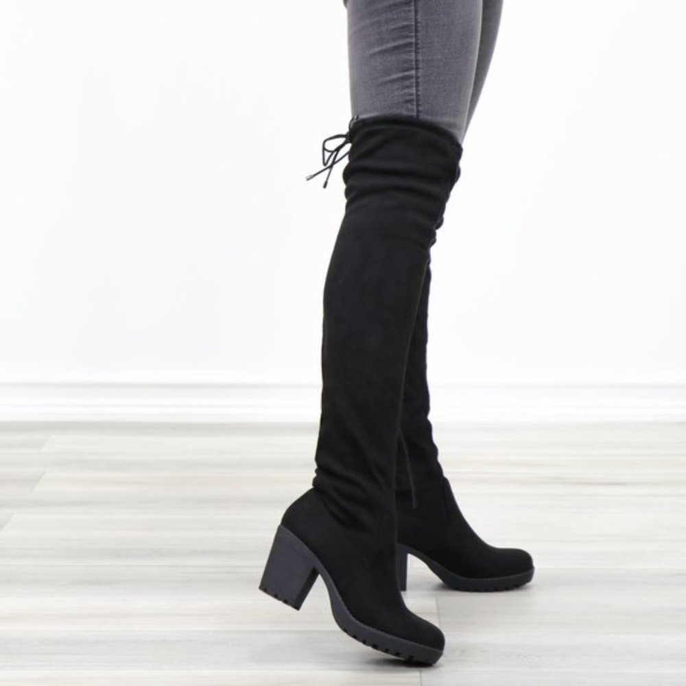Lug Chunky Heel BlackThigh High Suede Boots - Picture 9 of 16